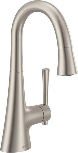 Moen 6126SRS Kurv Collection - Grifo de barra desplegable de una manija con limpieza eléctrica con reflejo, acero inoxidable