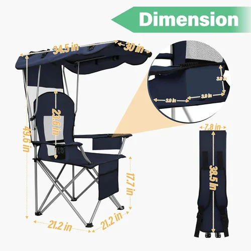 Miniatura 3 de Silla de camping BDL con toldo plegable portátil, sillas de playa con enfriador, respaldo de malla, portavasos y bolsillo para acampar, pesca, playa