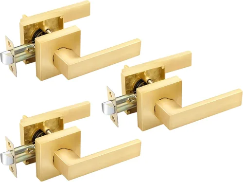 Miniatura 12 de EHOMEWARE 8 paquetes de manijas de puerta interior sin llave en acabado de latón satinado, manija de puerta de armario, palanca de puerta de paso