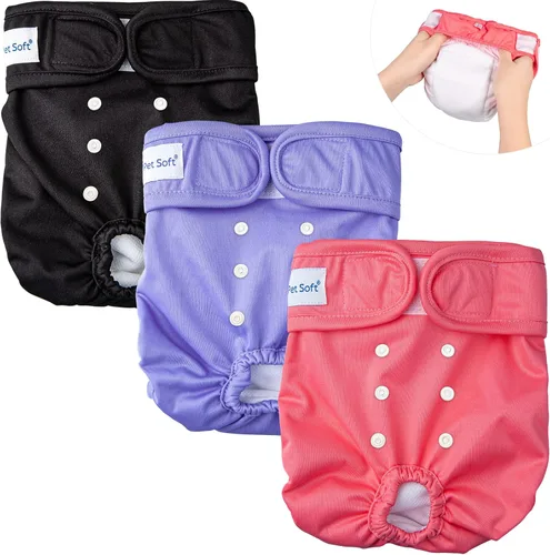 Pet Soft Pañales lavables para hembra (paquete de 3) pañales para perras, cómodos pañales reutilizables para perritos en calor de época (fuerte, XS)
