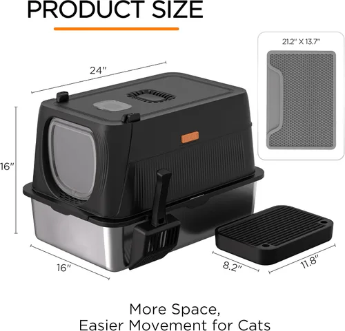 Miniatura 8 de Citylife Caja de Arena para Gatos de Acero Inoxidable con Tapa, XL Extra Grande Cerrada Removible Caja de Arena de Metal con Pala para Arena