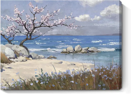 Miniatura 30 de Arte de pared para baño, decoración costera, barco náutico en la playa, lienzo con imagen de gaviota del océano, paisaje marino, arte de granja
