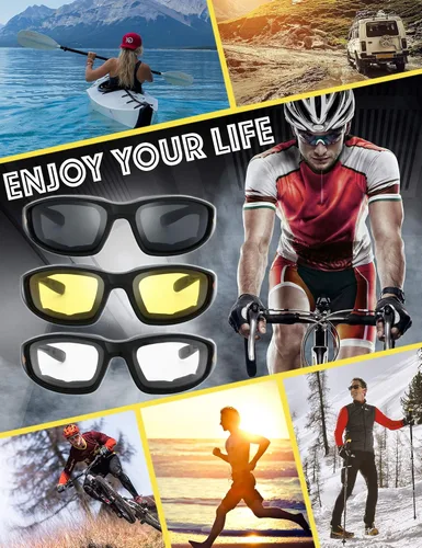 Miniatura 3 de Gafas de Motocicleta con Marco Acolchado y Lentes que Bloquean 100% UVB/UVB para Actividades al Aire Libre y Deportes 1410-negro brillante