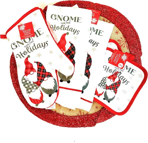Miniatura 2 de Greenbrier Gnomos internacionales para las fiestas. Juego de cocina de Navidad de 5 piezas. 2 toallas de cocina, 2 soportes para ollas y 1 guante