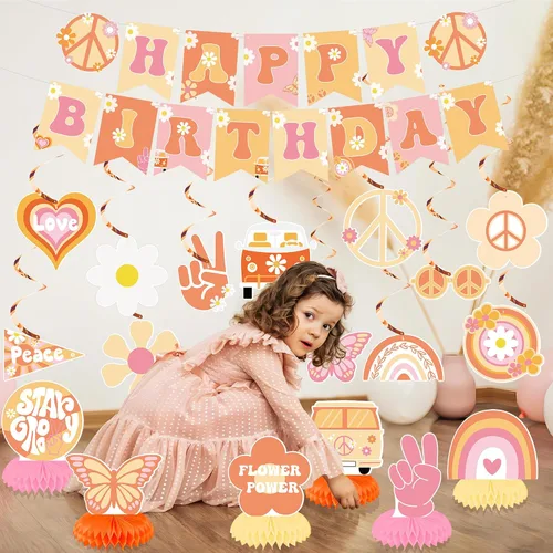 Miniatura 7 de 19 piezas de decoraciones de fiesta geniales incluyen pancarta bohemia de feliz cumpleaños, espirales colgantes hippie retro boho panal centros