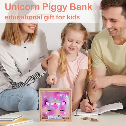 Miniatura 3 de Alcancía para niños, banco de monedas de madera para niños y niñas, dinosaurio unicornio alcancía con calcomanías de bricolaje para cumpleaños