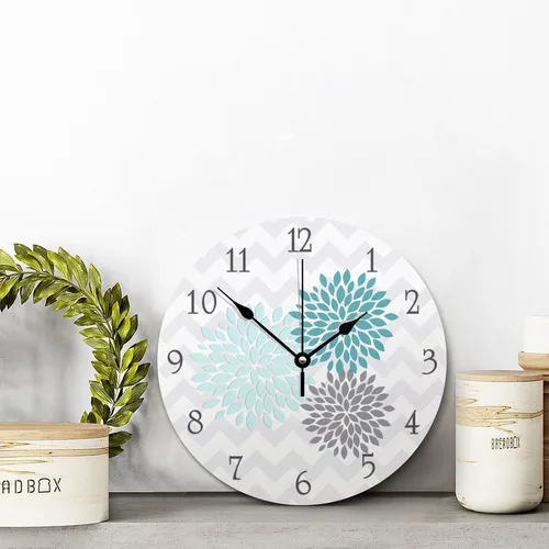 Miniatura 2 de ArogGeld Reloj de pared de madera gris aguamarina verde azulado, reloj de pared de flores de dalia, reloj de pared silencioso sin tictac, funciona