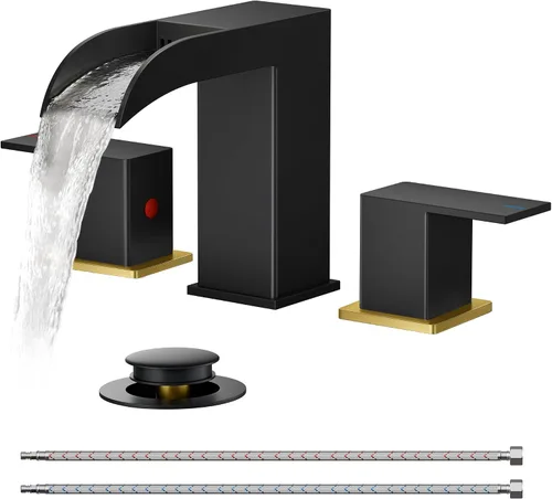 Miniatura 20 de FORIOUS Grifos cuadrados de baño de níquel cepillado y negro de 3 agujeros, cascada de 8 pulgadas, grifo de lavabo de baño con drenaje emergente