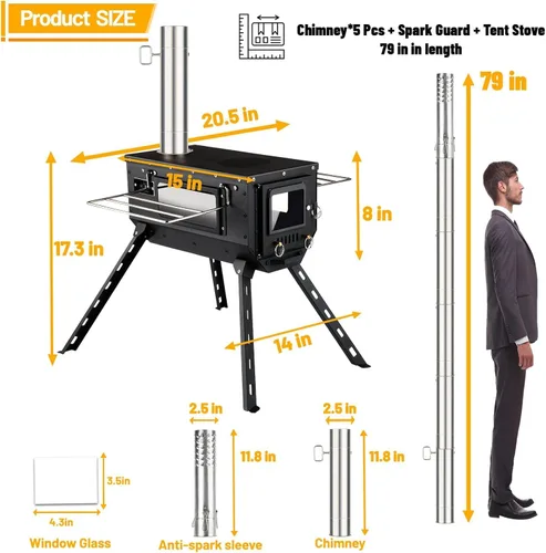 Miniatura 2 de Estufa de Tienda AVOFOREST Estufa de Leña con Pies Altos, Estufa de Tienda Caliente Portátil con 6 Tubos de Chimenea de Acero Inoxidable