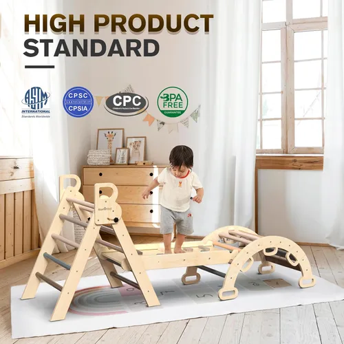 Miniatura 3 de BlueWood Pikler - Juego de triángulos 7 en 1 plegables, juguetes de escalada Montessori de madera con arco y rampa y escalera, escalador para bebés