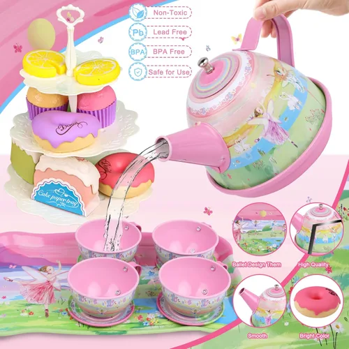 Miniatura 3 de PRE-WORLD - Juego de té para niñas pequeñas, 50 piezas de juguete de princesa para fiestas de té, incluye postre, galletas, dona, bandeja de tetera