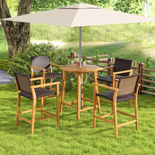 Miniatura 2 de Tangkula Mesa de bar de madera de acacia de 31.5 pulgadas, mesa redonda de bistró con agujero para paraguas, mesa de comedor al aire libre
