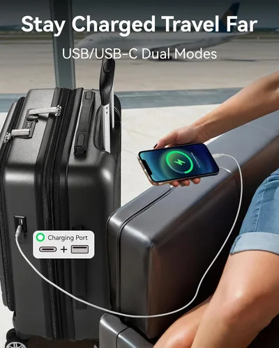 Miniatura 4 de LUGGEX Maleta de mano con bolsillo frontal, maleta rígida de policarbonato expandible con puerto USB, Negro -, Maleta de mano