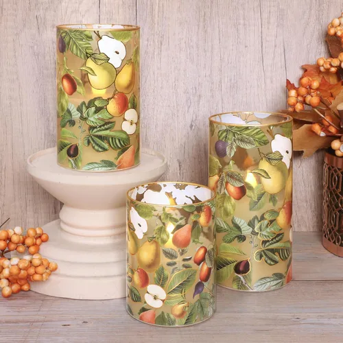 Miniatura 5 de Velas de otoño sin llama con temporizador remoto, de cristal de manzana y pera parpadeante, funciona con pilas, velas LED para decoración del hogar