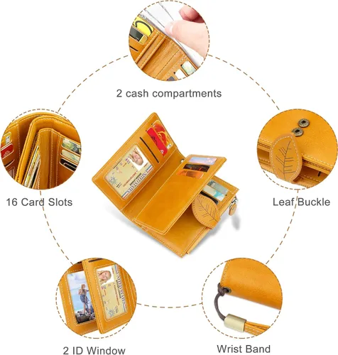 Miniatura 6 de CONISY Cartera pequeña para mujer, cartera compacta de cuero plegable con correa de muñeca con bloqueo RFID para mujer, Amarillo, Casual, clásico