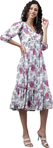 Miniatura 6 de Janasya Vestido acampanado con estampado digital Georgette blanco para mujer