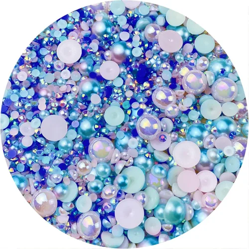 Miniatura 13 de Cuentas de resina mixta con diamantes de imitación y perlas semirredondas, 30 g, diamantes de imitación de parte trasera con perlas medias
