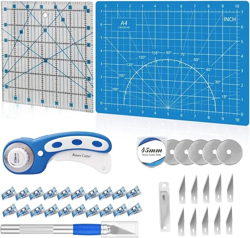Juego de 39 piezas de cortador giratorio azul - kit de acolchado incl. cortador de tela de 45 mm con 5 cuchillas extra, alfombrilla de corte A4, 2