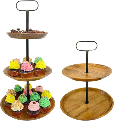 Miniatura 8 de Soporte de exhibición de madera de acacia de 3 niveles, torre rústica para cupcakes, servidor de postres y aperitivos, apilador de queso