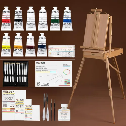 MEEDEN Juego de arte con caballete francés para artista profesional, suministros de pintura acrílica (0.3-2.0 fl oz) kit con pinceles para adultos,