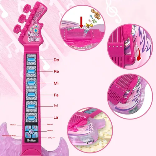 Miniatura 3 de TAKIHON Juego de guitarra y micrófono para niños, juguetes de guitarra con música y luz colorida, micrófono de altura ajustable con soporte