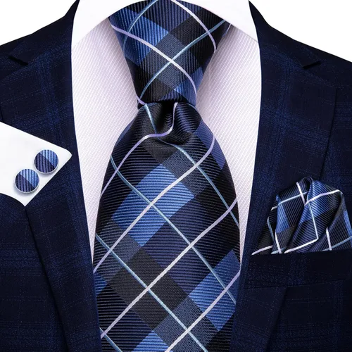Miniatura 164 de Hi-Tie Corbata clásica de cachemira para hombre con pañuelo y gemelos a cuadros