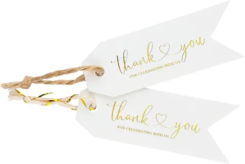 Joycraft 100 etiquetas de agradecimiento – Etiquetas colgantes de papel blanco con lámina dorada, etiquetas de regalo personalizadas para baby