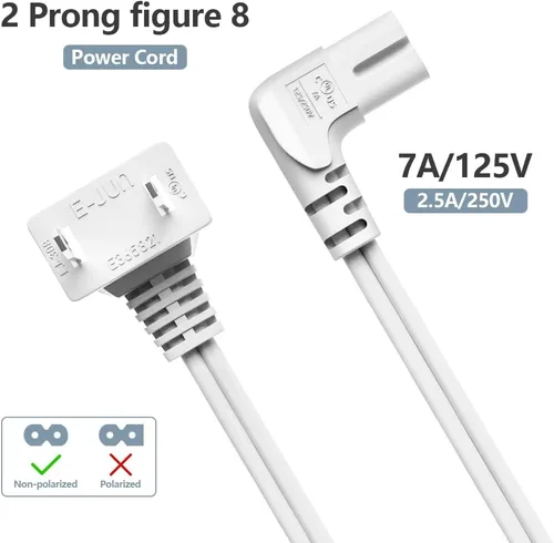 Miniatura 4 de Cable de alimentación de TV, cable de alimentación universal de 2 clavijas en ángulo no polarizado de 18 AWG, NEMA 1-15P a IEC320 C7 figura 8