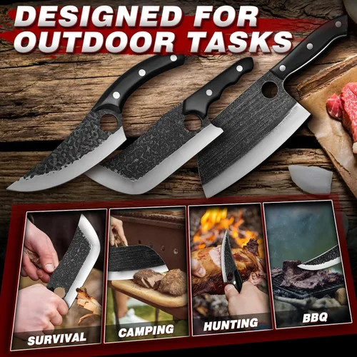 Miniatura 5 de TIJERAS Juego de cuchillos de carnicero para cortar carne, juego de 3 cuchillos de cocina forjados a mano con mango ergonómico, cuchillo de hueso