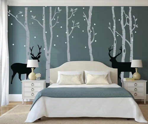 Miniatura 2 de Vinilo adhesivo de vinilo extraíble con diseño de ciervos y abedules para niños, decoración de habitación del bebé, habitación del bebé (gris)