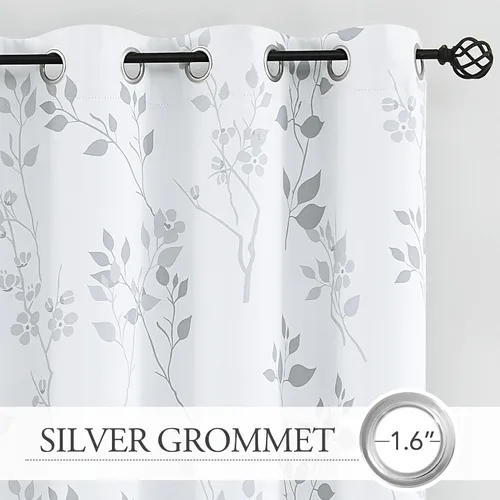 Miniatura 9 de Beauoop Cortinas Florales 100% Opacas de 54 Pulgadas de Largo, 2 Paneles para Dormitorio, Sala de Estar, Azul Gris y Blanco con Patrón de Flores