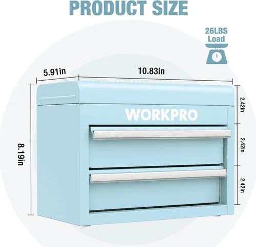 Miniatura 3 de WORKPRO Mini caja de herramientas de metal con 2 cajones y almacenamiento superior, pequeña caja de herramientas con forros de PVC y almohadillas