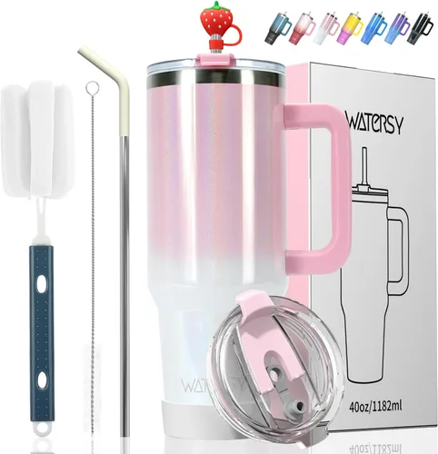 Miniatura 23 de Vaso de 20 oz con asa, vaso con tapa y pajita, vaso de doble pared con aislamiento de acero inoxidable para viajes (frío durante 34 horas), botella