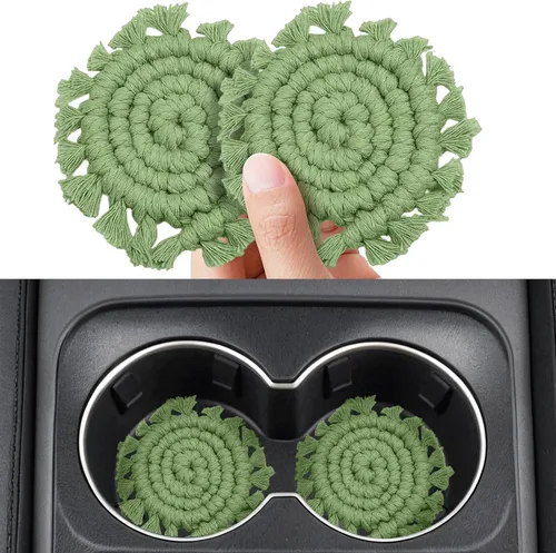 Miniatura 10 de Paquete de 2 posavasos de algodón para portavasos de automóvil, portavasos de automóvil, soportes para bebidas, lindos soportes de macramé bohemios