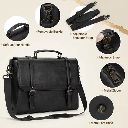 Miniatura 5 de Bolso de mensajero IGOLUMON para hombres de 15.6 pulgadas, bolso de cuero vintage impermeable para computadora, maletín para hombres, bolso grande