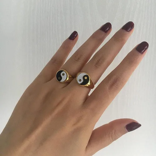 Miniatura 5 de Yin and Yang - Anillo de banda para mujeres, hombres, parejas, hipoalergénico de acero inoxidable chapado en oro de 18 quilates, Tai Chi, equilibrio