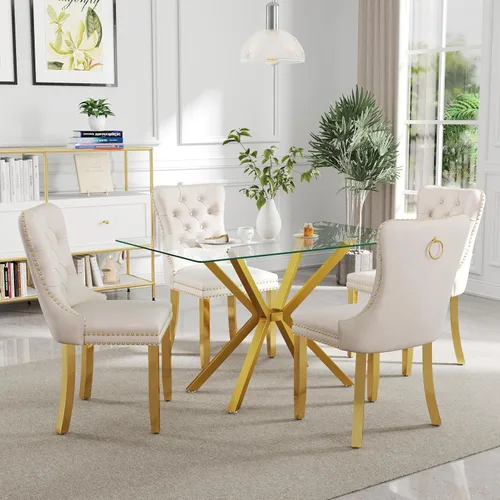 Miniatura 35 de Juego de comedor moderno de cristal de lujo de 5 piezas, juego de comedor rectangular minimalista para 4, juego de mesa de cocina de vidrio