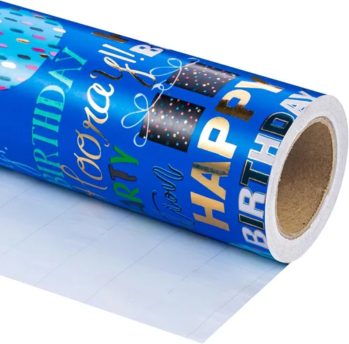 Miniatura 2 de WRAPAHOLIC Papel de regalo para cumpleaños - Rollo mini - 17 pulgadas x 16.5 pies - Papel de regalo azul dorado con foil brillante de feliz Azul