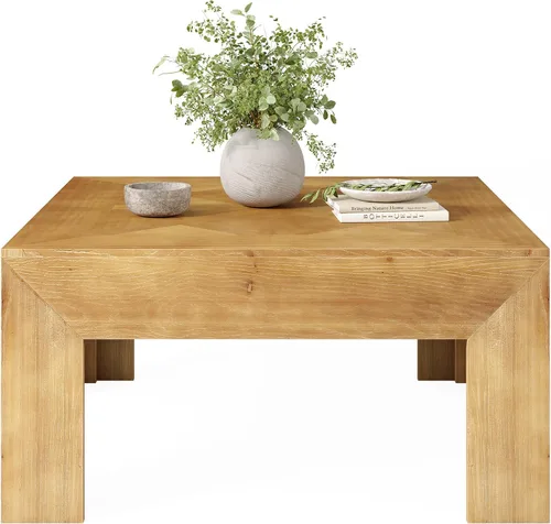 Miniatura 16 de LITTLE TREE Mesa de centro de madera maciza de 39.4 pulgadas, mesa de centro cuadrada con parte superior incrustada intrincada y patas resistentes