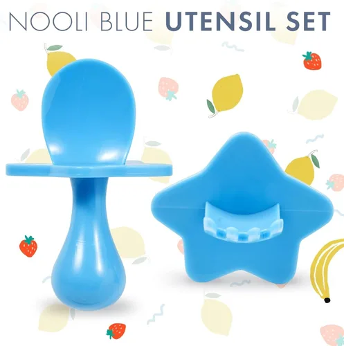 Miniatura 2 de Elli&Nooli Juego de utensilios de silicona para bebé, juego de 2 piezas, color azul, apto para el destete y tenedor de cuchara de alimentación