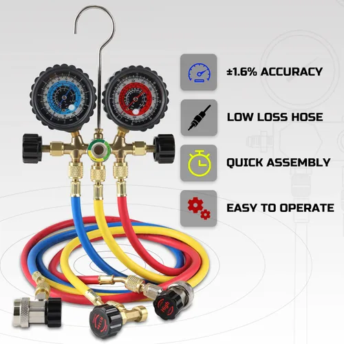 Miniatura 3 de Lichamp Calibradores de aire acondicionado R134a R22 R12 R502 Juego de medidor de colector de diagnóstico con manguera de 5 pies, acopladores
