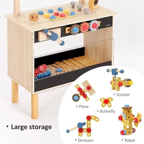 Miniatura 5 de PairPear - Banco de herramientas de madera para niños, banco de trabajo grande con juego de herramientas, juguete de taladro