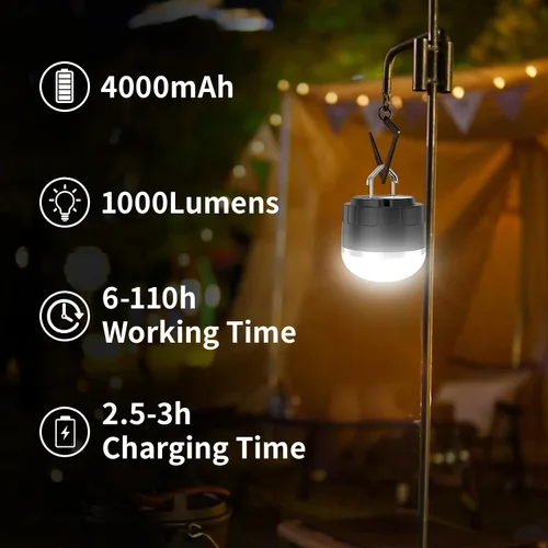 Miniatura 4 de Linterna LED para camping, recargable, 1000LM luz portátil para tienda de campaña con 3 modos de iluminación de color, banco de energía