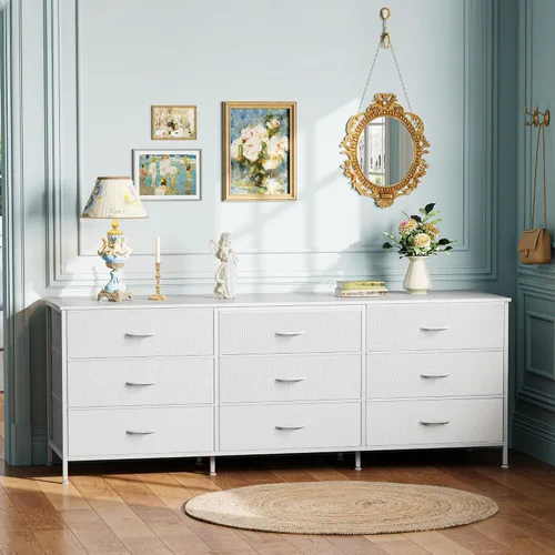 Miniatura 9 de Huuger Cómoda de 63 pulgadas para dormitorio, cómoda para armario con 9 cajones de tela, soporte de TV grande para TV de 55, 65, 70 pulgadas, centro