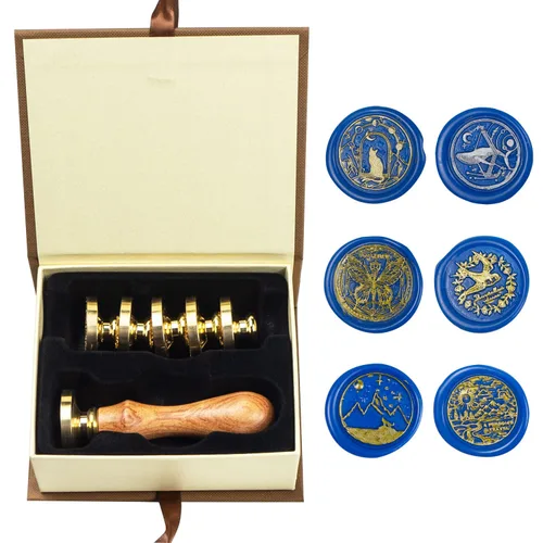 Miniatura 42 de Juego de sellos de cera de animales con 7 cabezas de latón extraíbles y 1 mango de madera, sello de cera retro para gatos, pájaros, mariposa, abeja