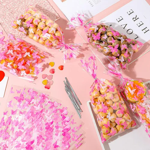 Miniatura 3 de Zonon 100 bolsas de plástico de celofán con 100 lazos plateados para golosinas con temática de mariposas, baby shower, fiesta de cumpleaños, Rosa