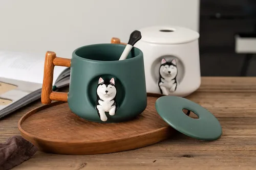 Miniatura 7 de DIHOclub Taza de café de cerámica con tapa y cuchara a juego, taza novedosa 3D con patrón de Husky para té, leche, chocolate, jugo, taza linda