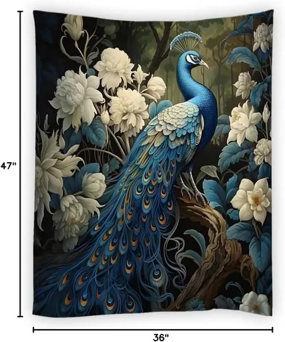 Miniatura 5 de JONSEQIN Tapiz de pavo real asiático elegante pájaro vintage rústico flores de granja animales plantas naturaleza flores silvestres colcha de picnic