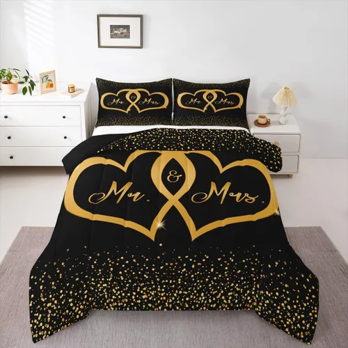 Miniatura 21 de Erosebridal Juego de edredón para parejas, juego de ropa de cama tamaño individual con lentejuelas doradas con purpurina dorada, edredón acolchado
