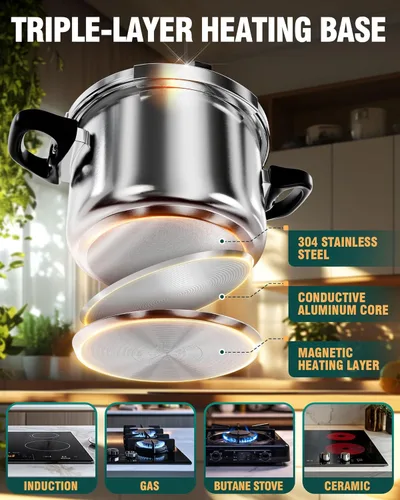 Miniatura 6 de WantJoin Olla a presión de 8 cuartos – Recipiente a presión de acero inoxidable 3 en 1 compatible con cocina de gas y de inducción, dispositivos